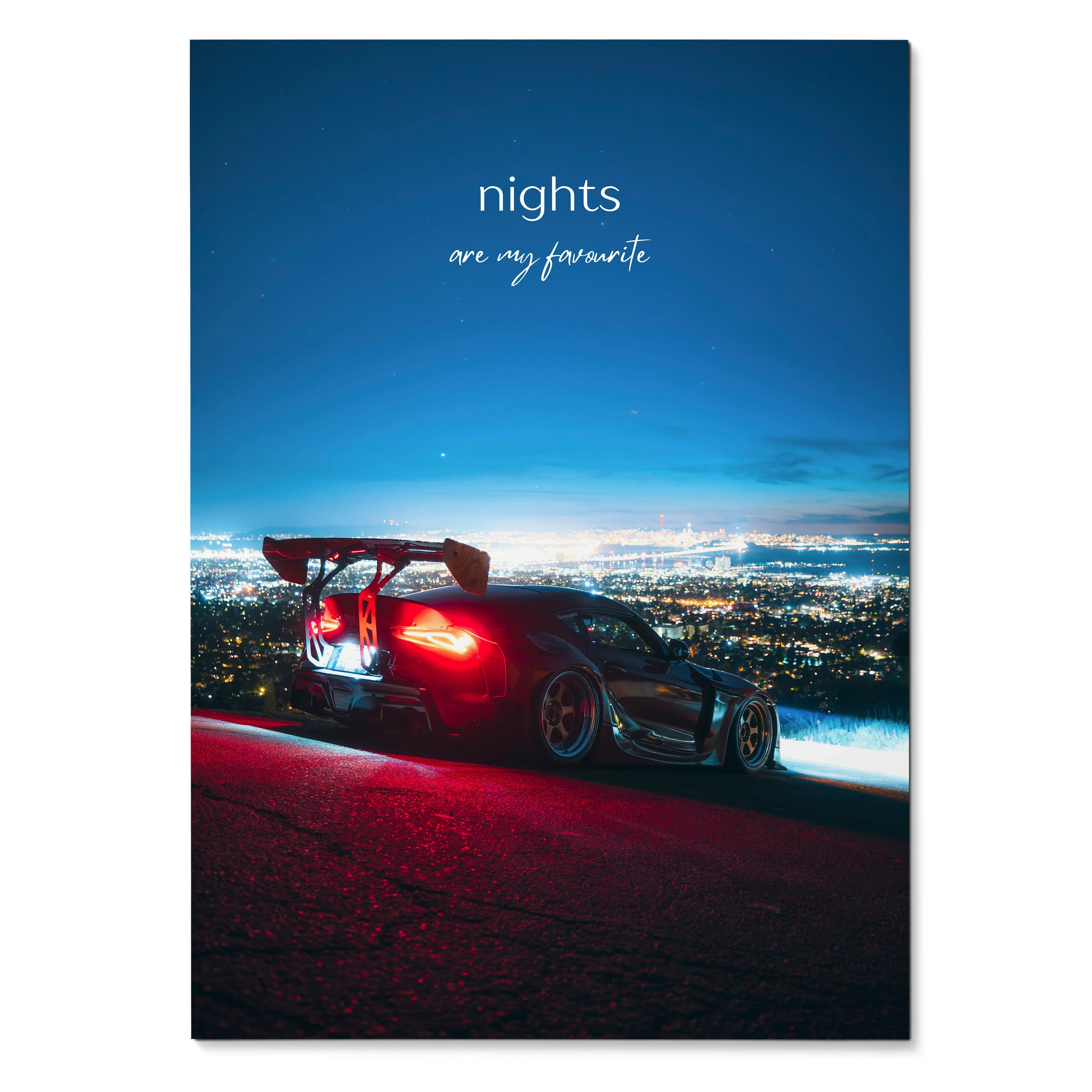 Toyota Supra Mk5 poster with night cityscape and red taillights, motivational wall art.