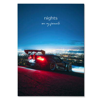 Toyota Supra Mk5 poster with night cityscape and red taillights, motivational wall art.
