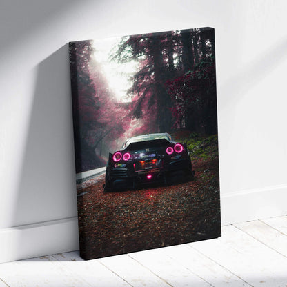 Nissan R35 GTR rear view in forest setting printed on vertical canvas wall art with rich dark tones and vibrant highlights.