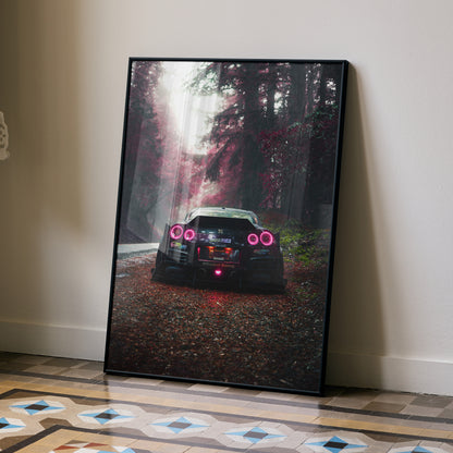 Nissan GTR R35 widebody poster wall art showing car rear with glowing taillights on forest road.