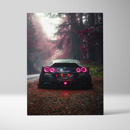 Nissan R35 GTR rear view on forest road canvas wall art with moody lighting and autumn tones.