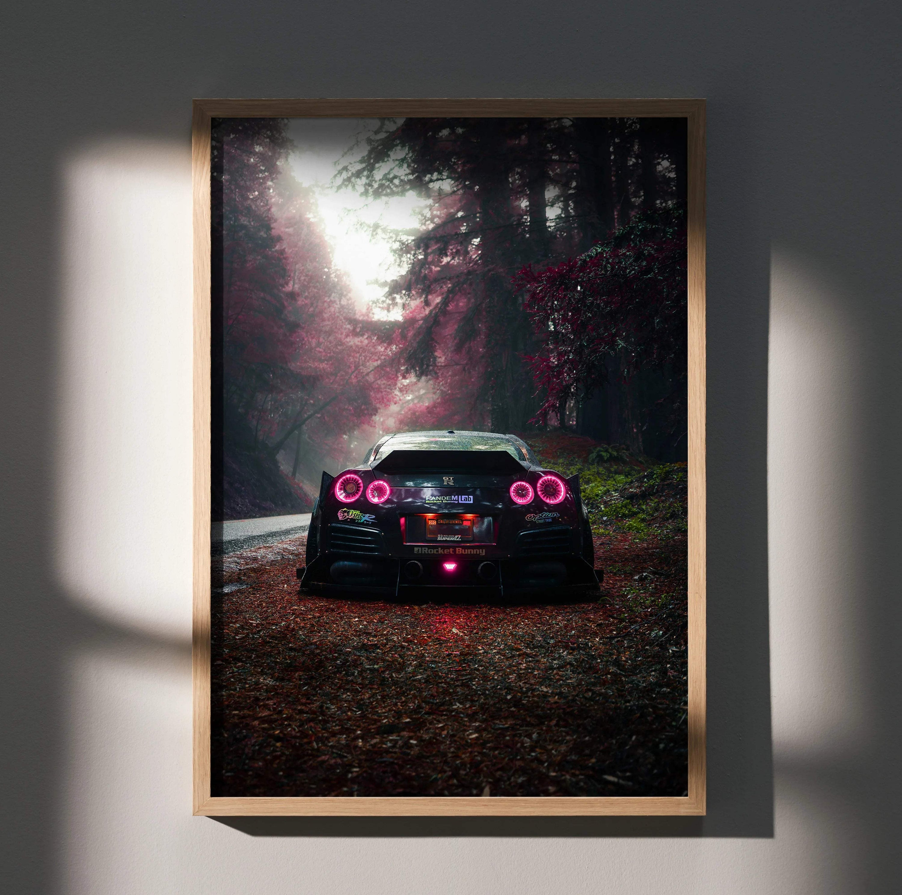 Nissan GTR R35 widebody rear view on forest road poster wall art with moody lighting.