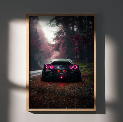 Nissan GTR R35 widebody rear view on forest road poster wall art with moody lighting.