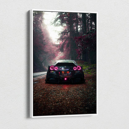 Vertical canvas art of a black Nissan R35 GTR with red tail lights on a forest road, wall art print.