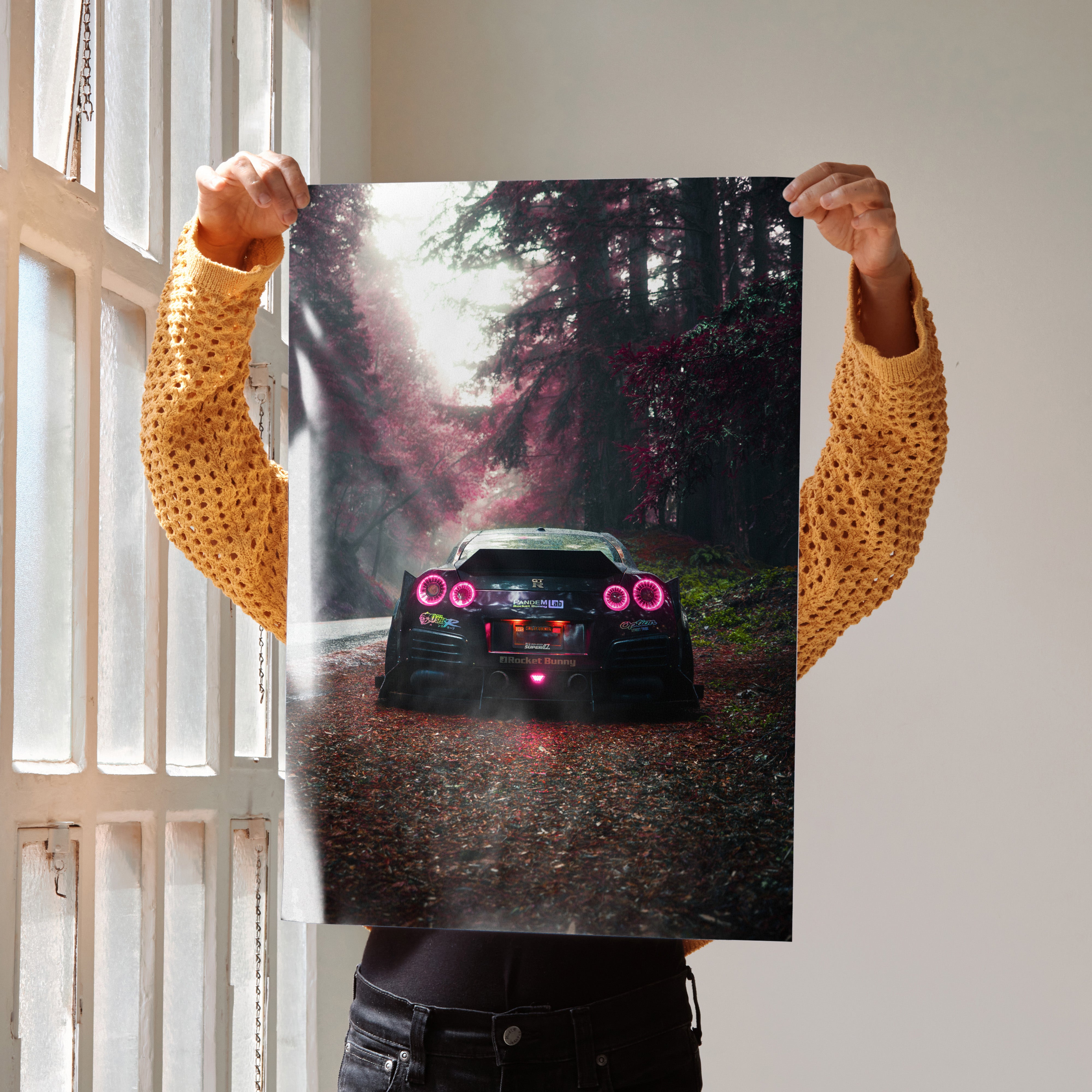 Nissan GTR R35 widebody poster featuring rear view in forest with glowing taillights wall art.