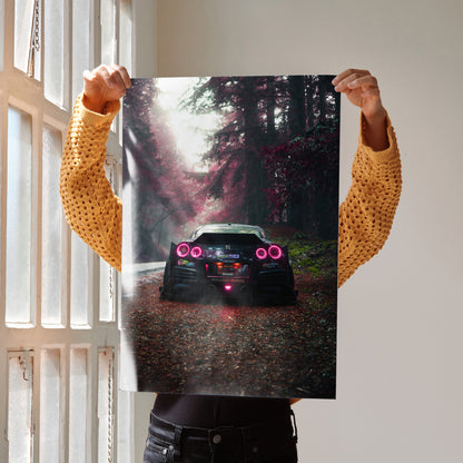 Nissan GTR R35 widebody poster featuring rear view in forest with glowing taillights wall art.