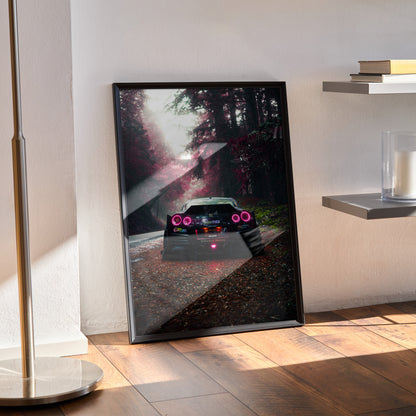 Nissan GTR R35 widebody in forest setting poster wall art with dark tones and red taillights.