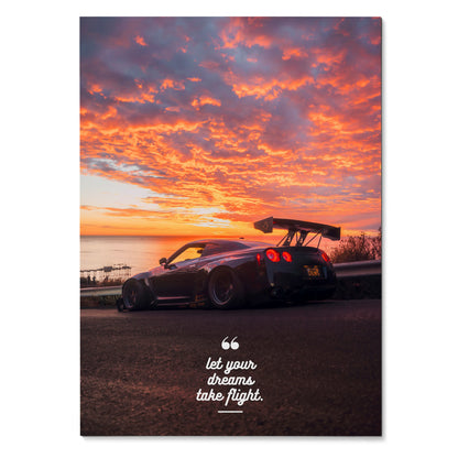 Nissan R35 GT-R poster with sunset sky background and motivational text wall art.