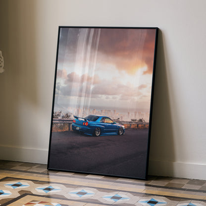 Nissan Skyline GTR R34 JDM poster in black frame, vibrant sunset background, automotive wall art.