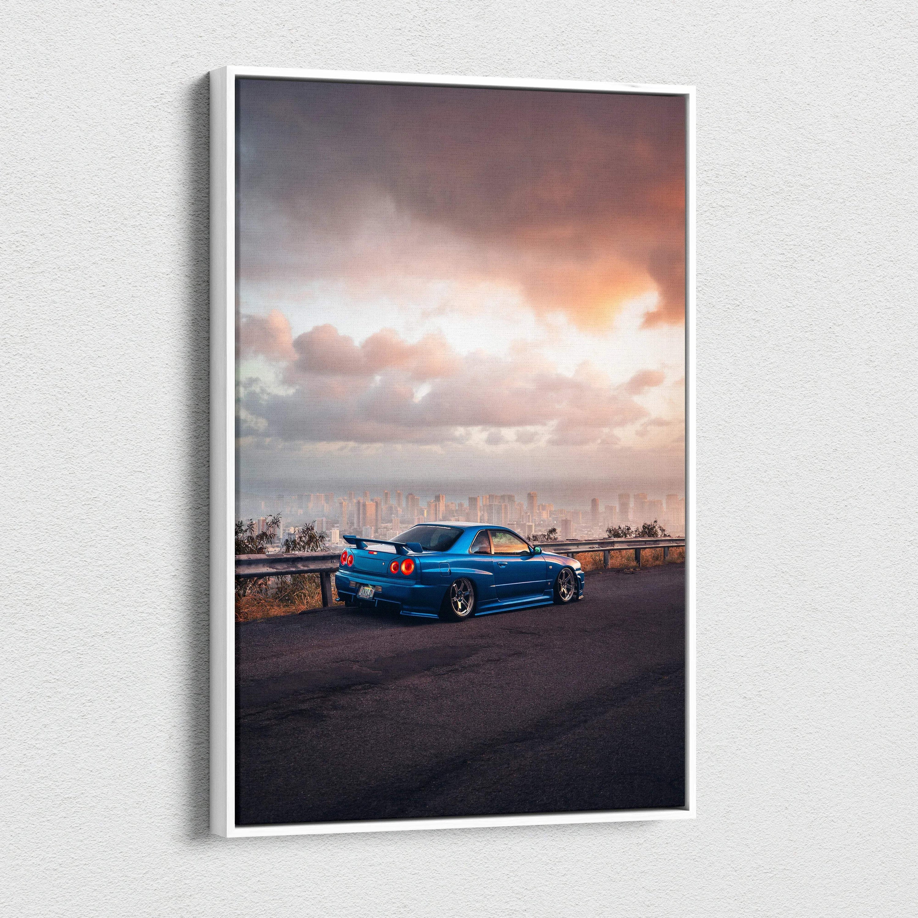 Vertical canvas wall art featuring a blue Nissan R34 GTR Skyline at sunset with dramatic sky.