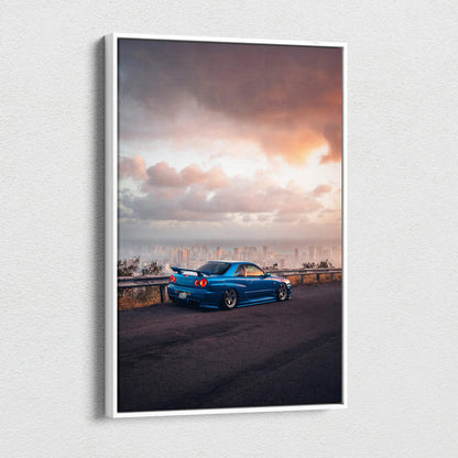 Vertical canvas wall art featuring a blue Nissan R34 GTR Skyline at sunset with dramatic sky.