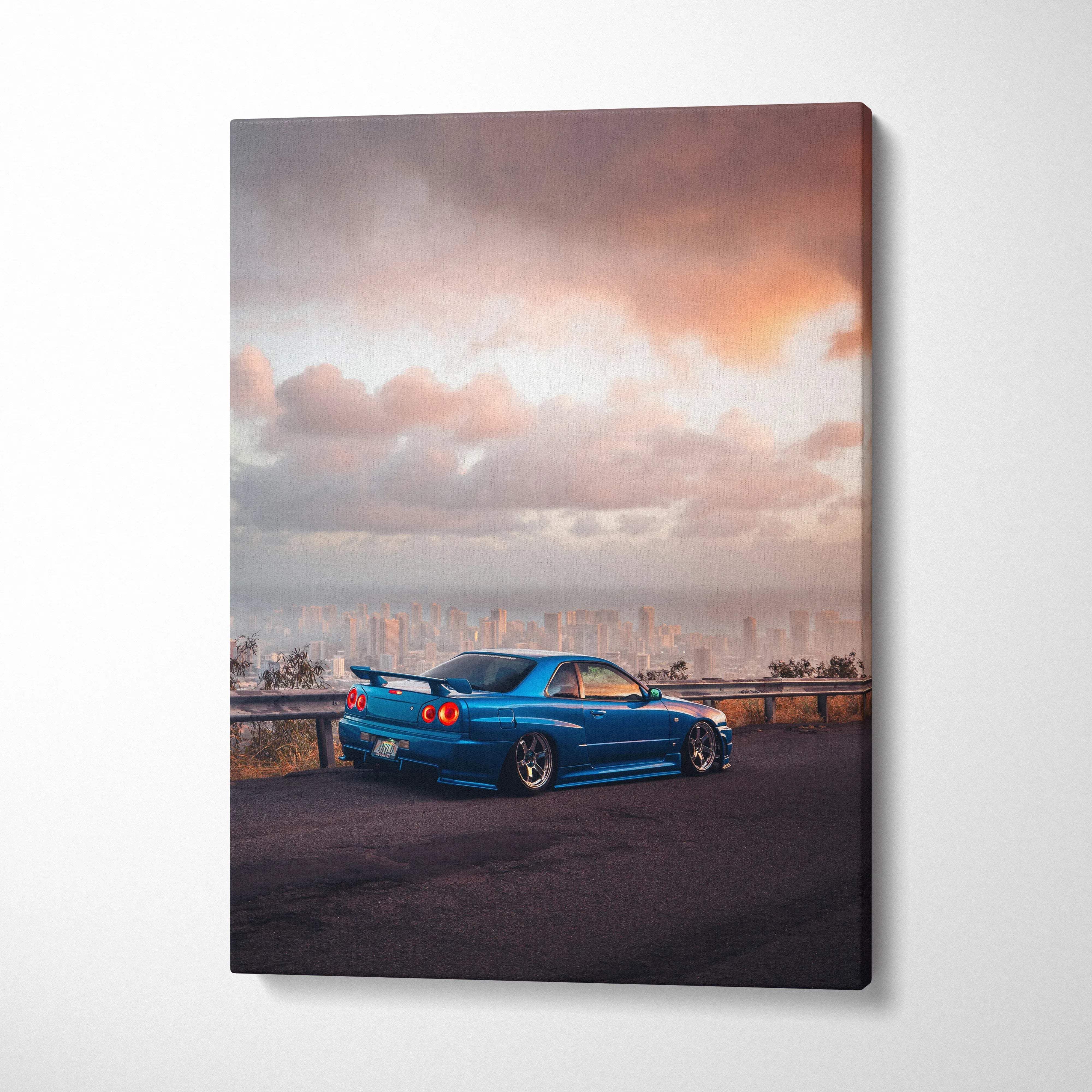 Nissan R34 GTR Skyline against sunset sky on high-resolution vertical canvas wall art.