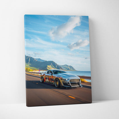 High-resolution vertical canvas art of silver Ford Mustang S550 on coastal road under blue sky wall art.