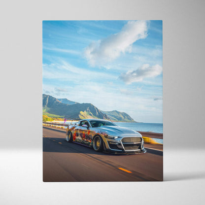 Ford Mustang S550 on coastal road canvas wall art with vibrant blue sky and mountains.