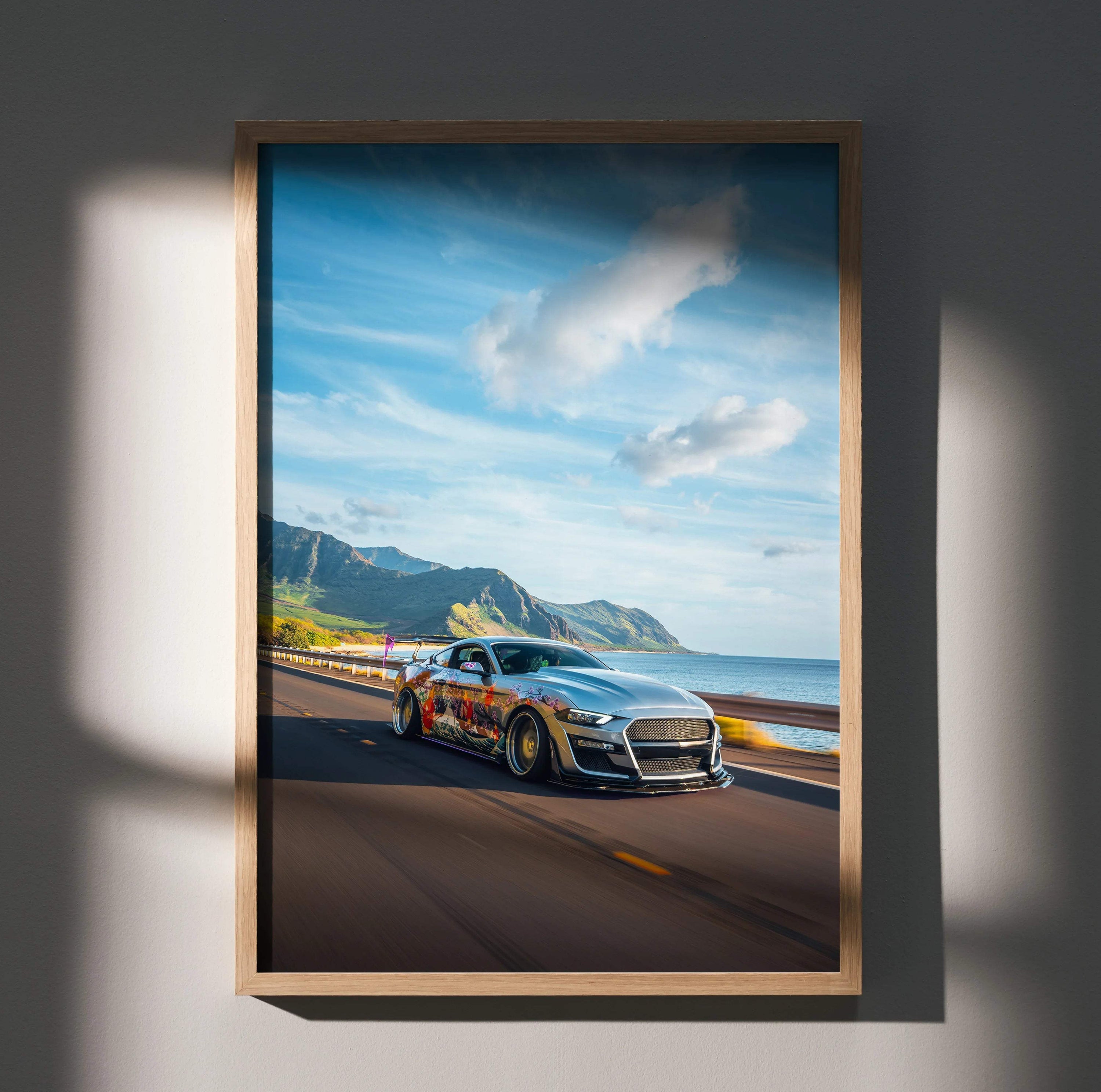 Ford Mustang S550 poster showing a sleek sports car on a coastal road under a blue sky wall art.