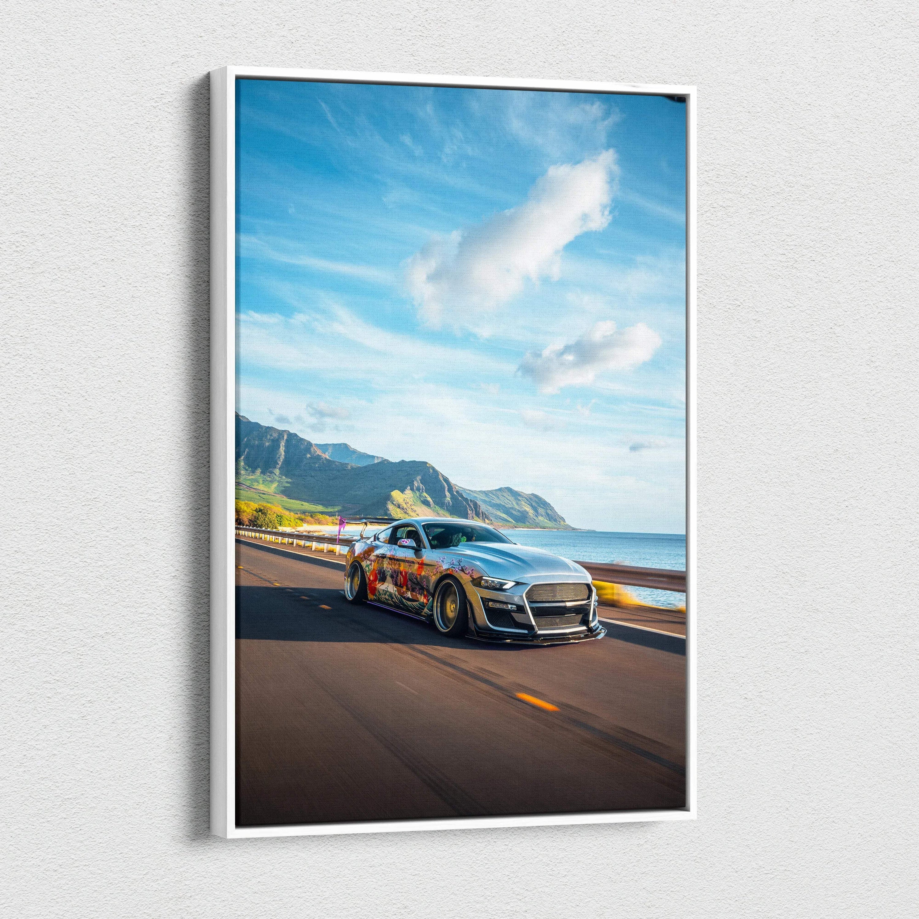 Ford Mustang S550 driving on coastal highway canvas art with blue sky wall art.