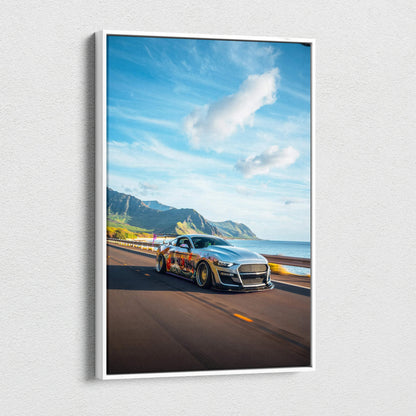 Ford Mustang S550 driving on coastal highway canvas art with blue sky wall art.