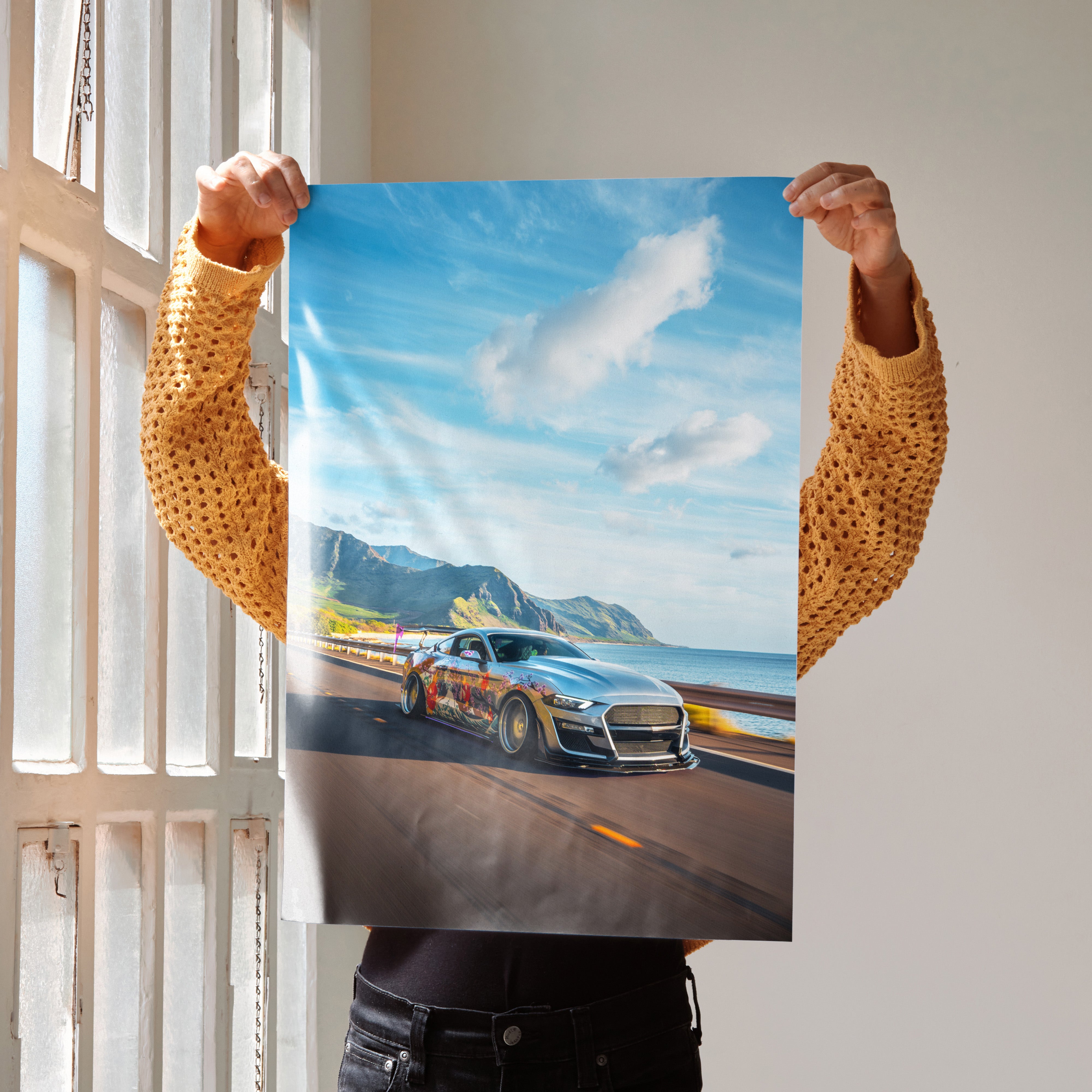 Ford Mustang S550 car driving on coastal highway poster wall art with bright blue sky.