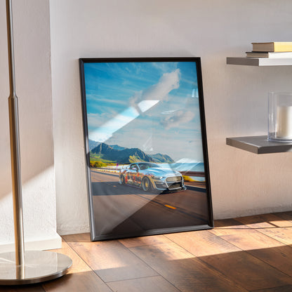 Framed Ford Mustang S550 poster leaning against wall with scenic mountain road background, automotive wall art.