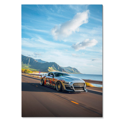 Ford Mustang S550 driving on coastal road under blue sky poster wall art.