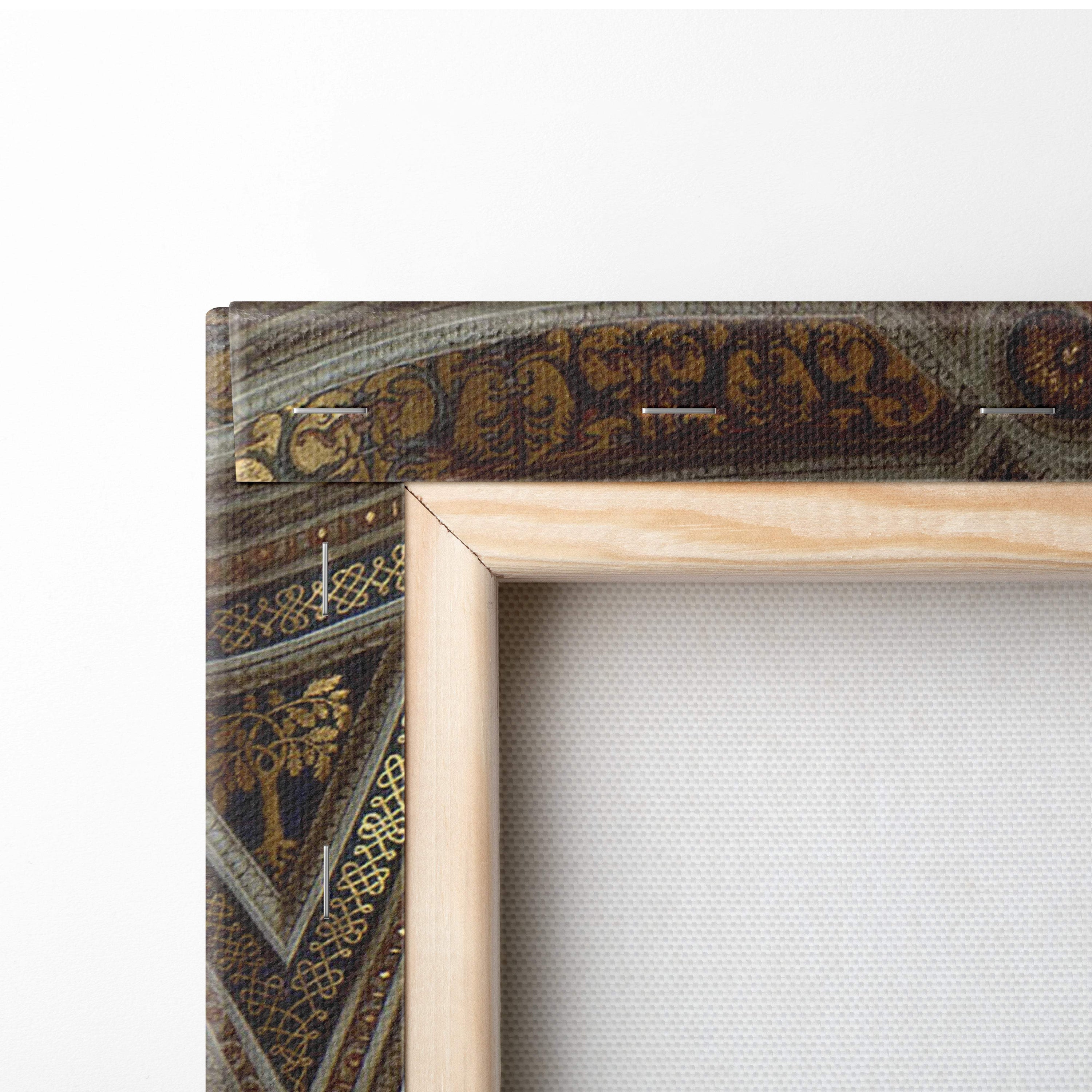 Back of The School of Athens by Raphael in rustic wooden frame with ornate gold-brown fabric edge