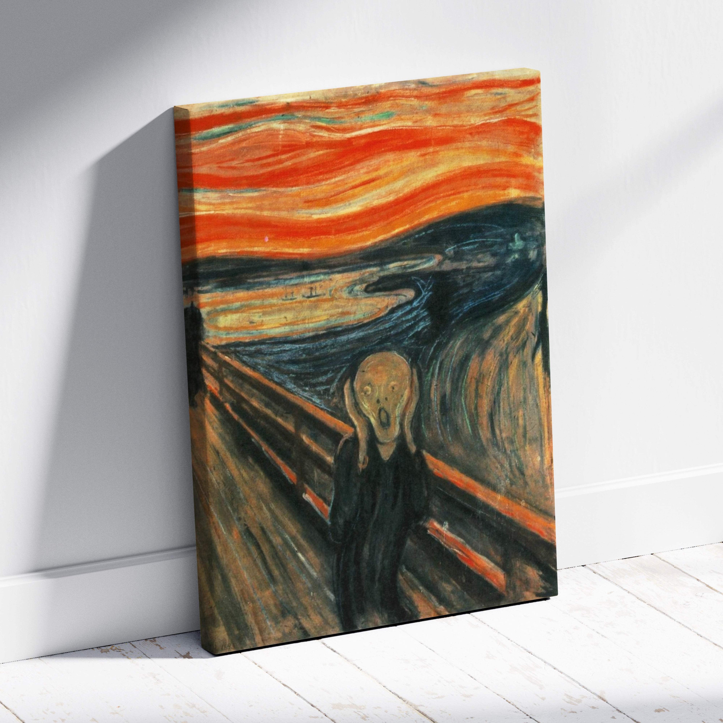 The Scream by Edvard Munch canvas print with swirling sky and distressed figure
