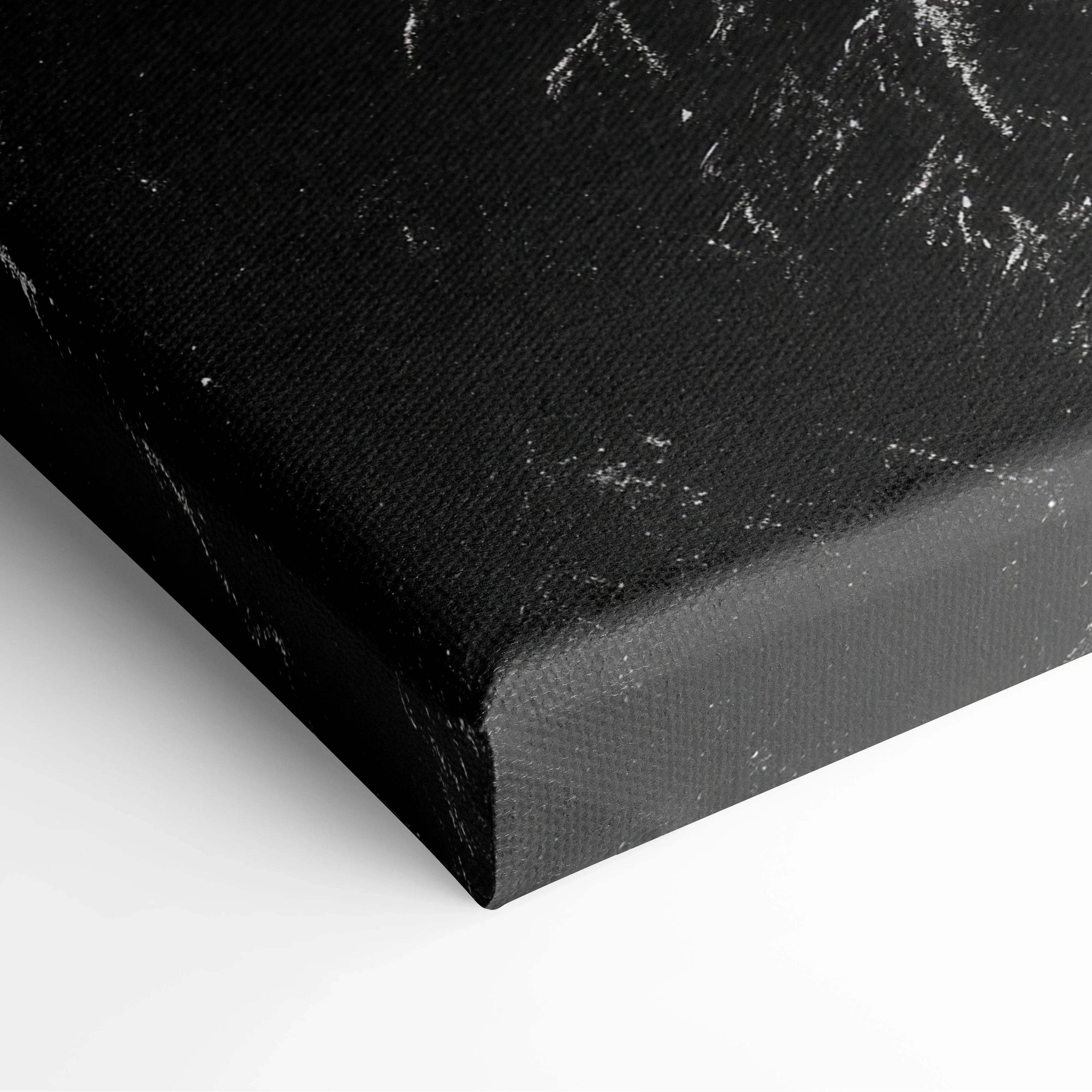 Black canvas wall art corner showing textured fabric with white snowy tree branches print.