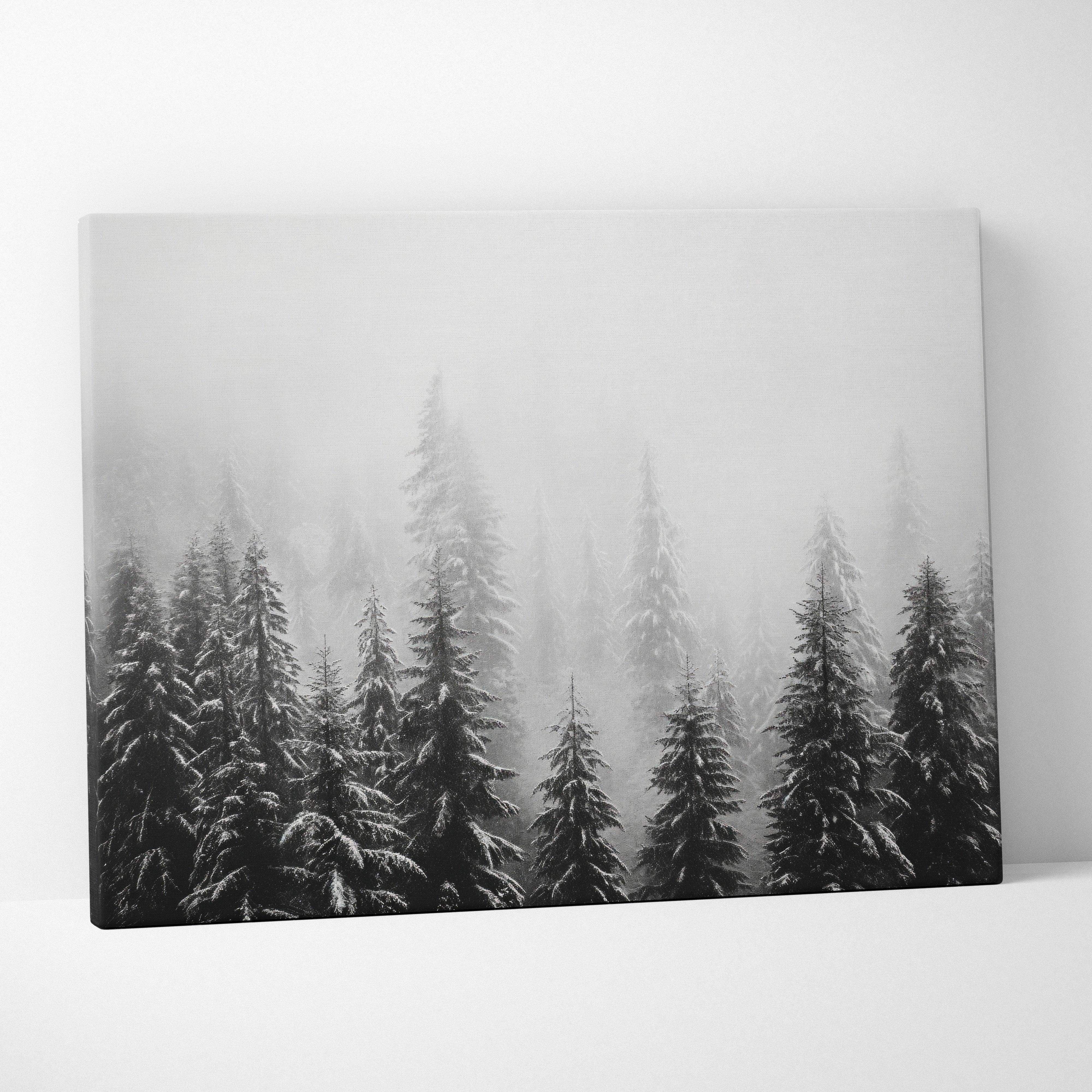 Black and white canvas print of a misty snowy evergreen forest for living room wall art decor