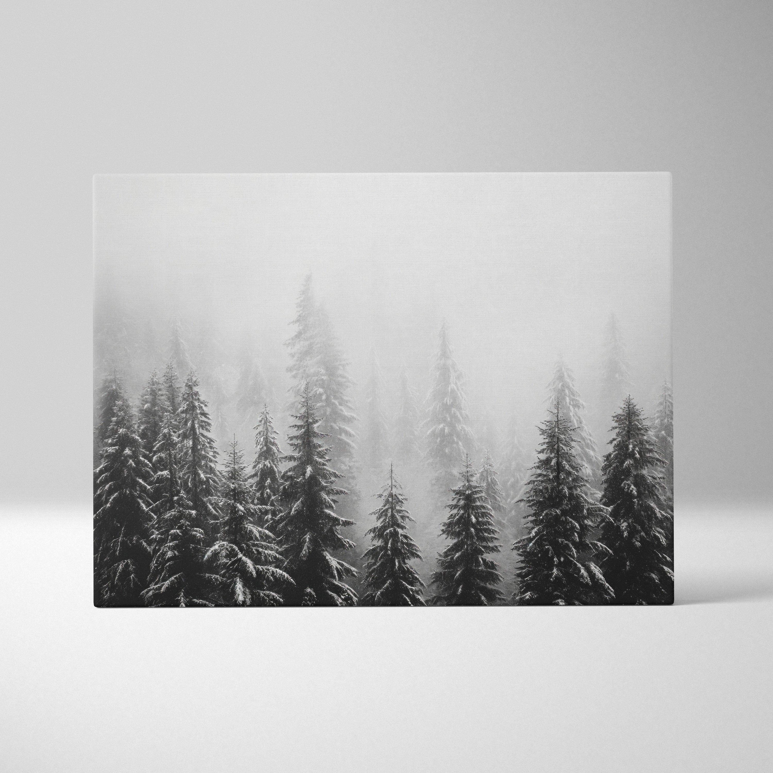 Black and white canvas wall art depicting snow-covered evergreen tree tops in misty forest decor.