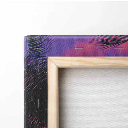 Wooden-framed canvas print of tropical sunset beach with pink purple palm trees