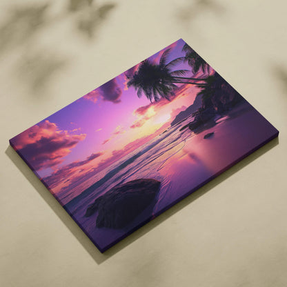 Purple pink sunset beach canvas print with silhouetted palm trees