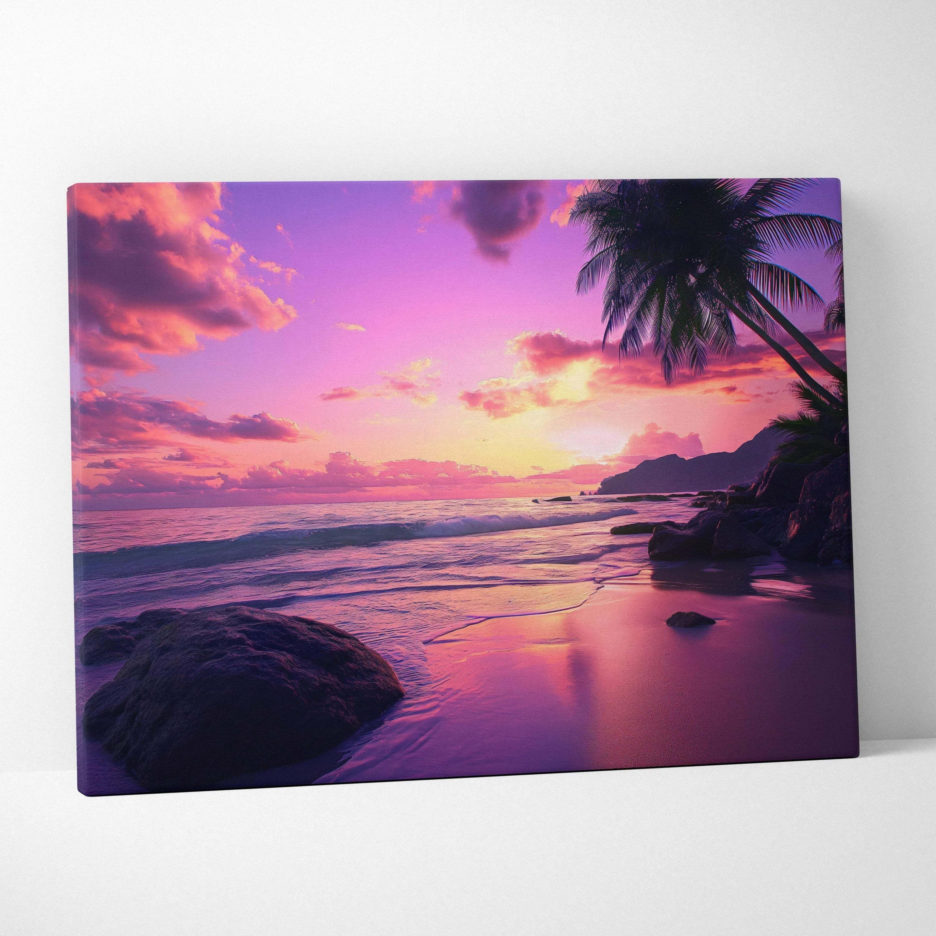 Vibrant canvas wall art of tropical beach sunset with pink purple skies and silhouetted palm trees