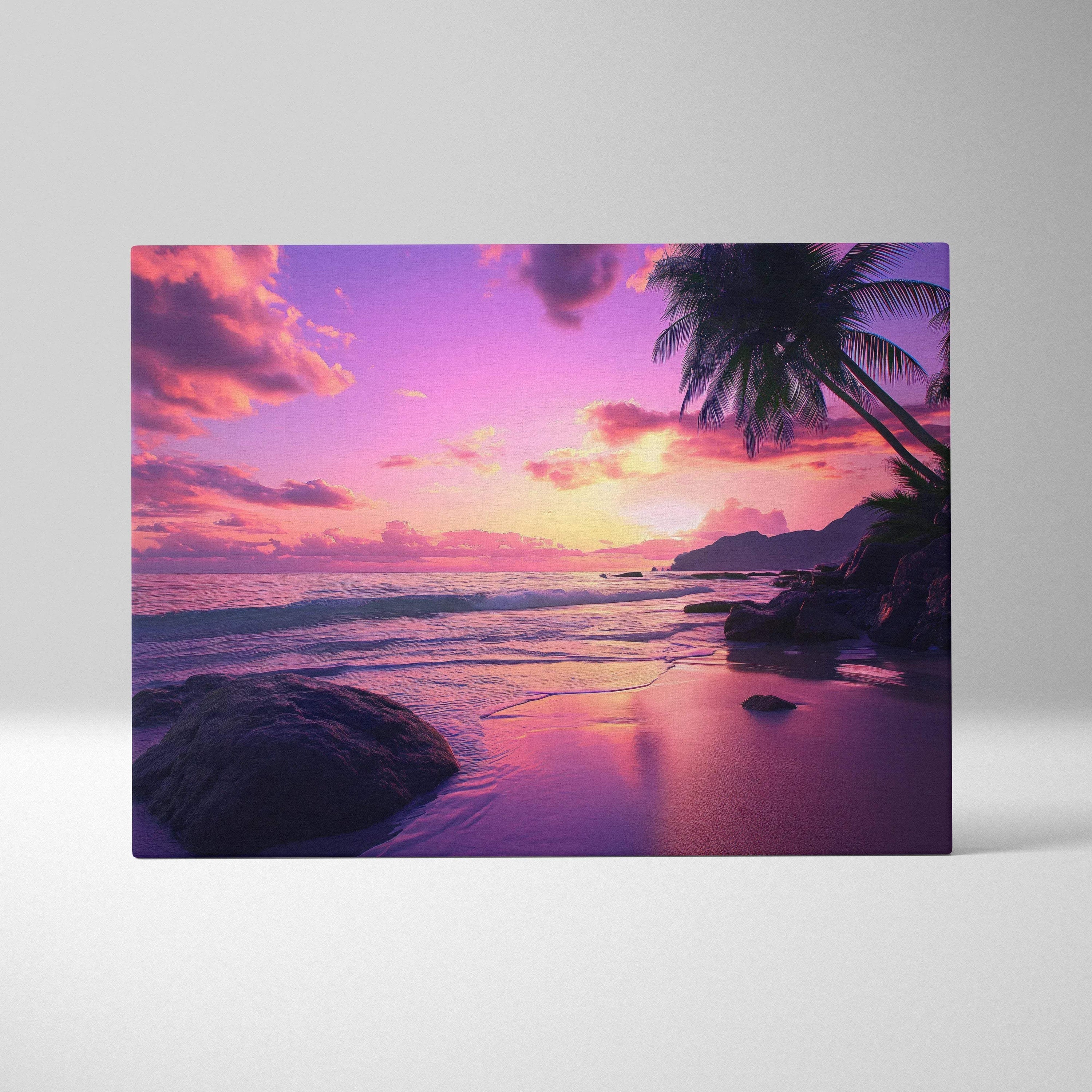 Vibrant tropical sunset canvas wall art with pink purple ocean hues, palm trees, beach scene