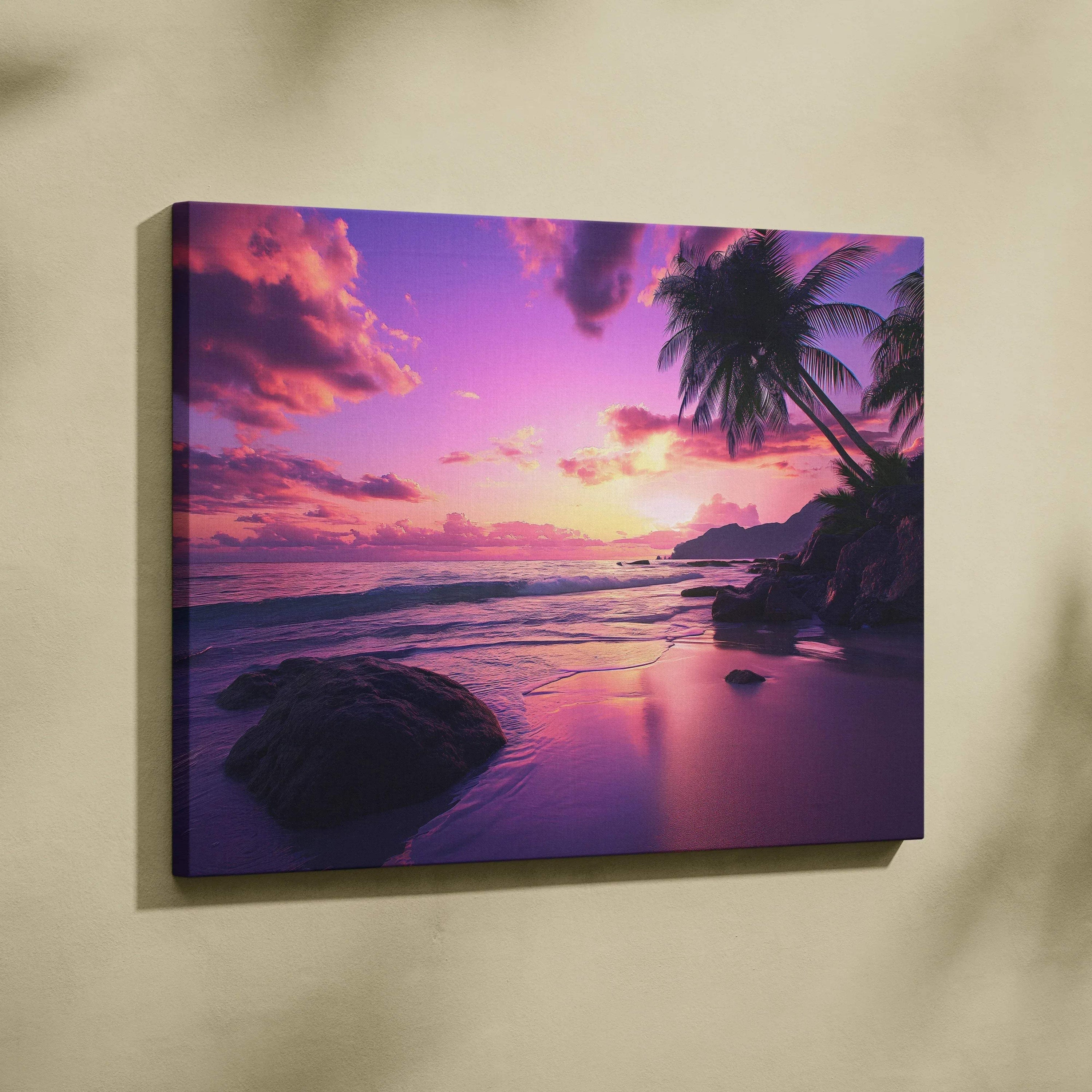 Tropical sunset canvas wall art with pink purple beach hues and palm silhouettes