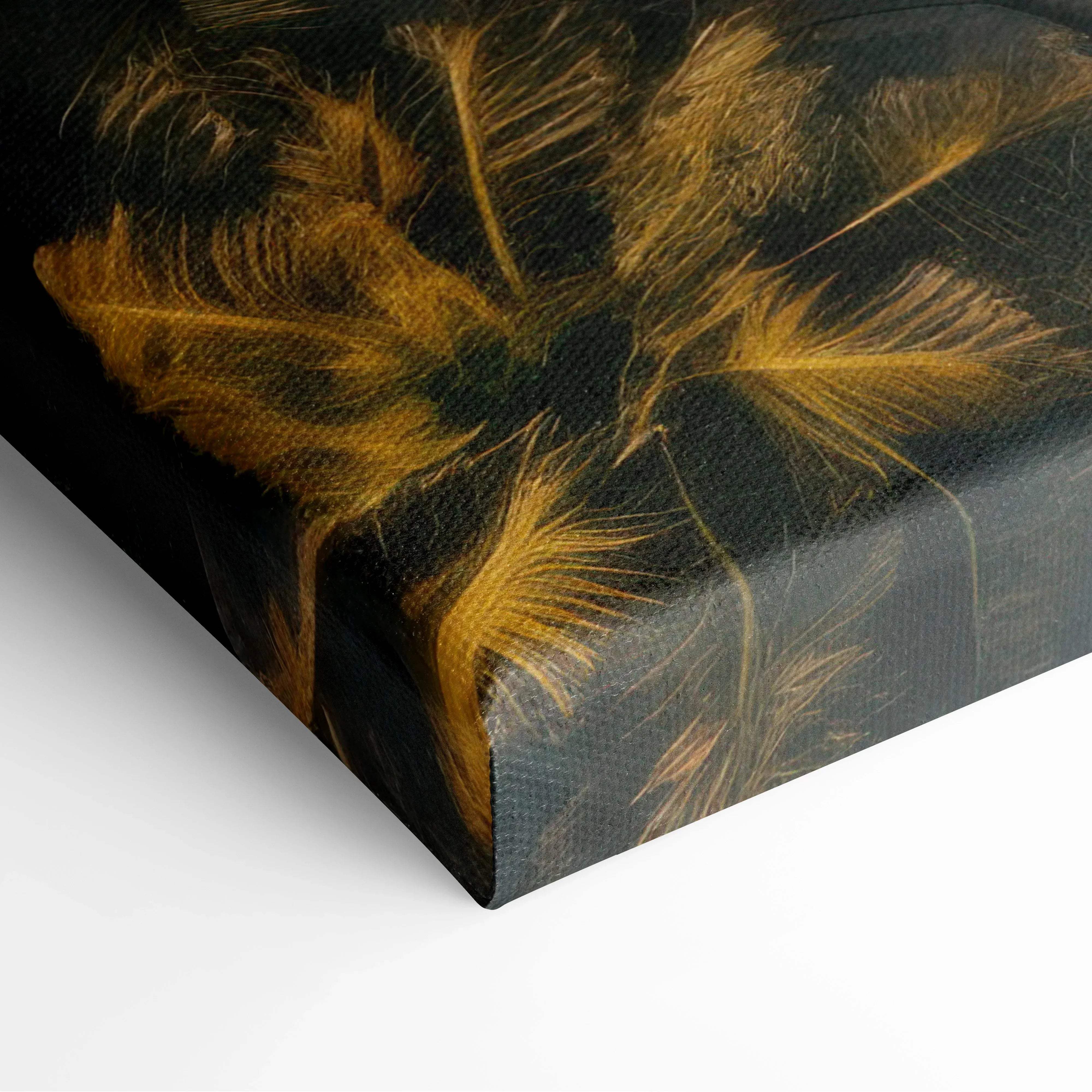 Black canvas print featuring golden feathers with detailed brushwork for aerial tropical beach seascape wall art