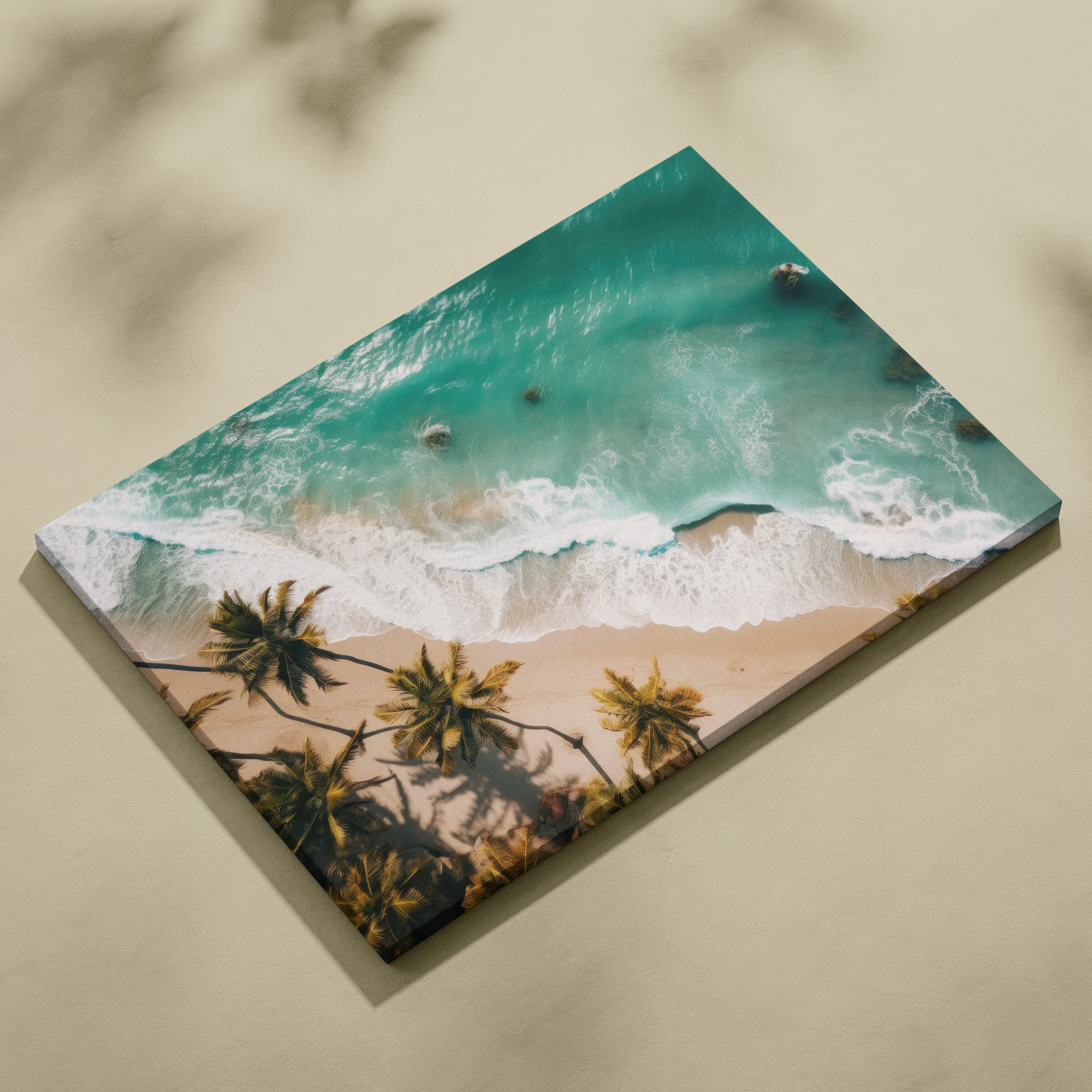 Tropical beach canvas art with turquoise ocean waves, sandy shore, and palm trees in vibrant colors.