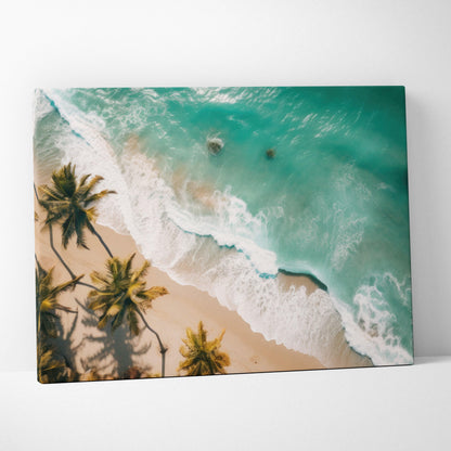 Tropical beach canvas art with turquoise ocean waves, sandy shore, and palm trees from aerial view.
