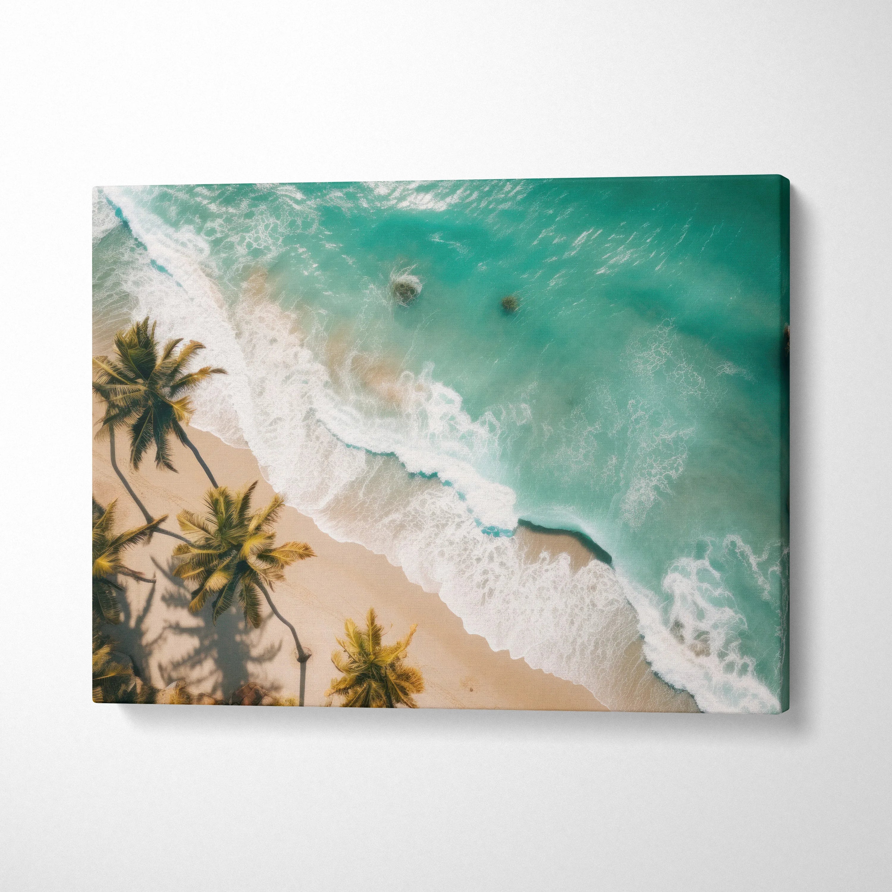 Tropical beach canvas art with turquoise ocean waves, sandy shore, and palm trees from above.