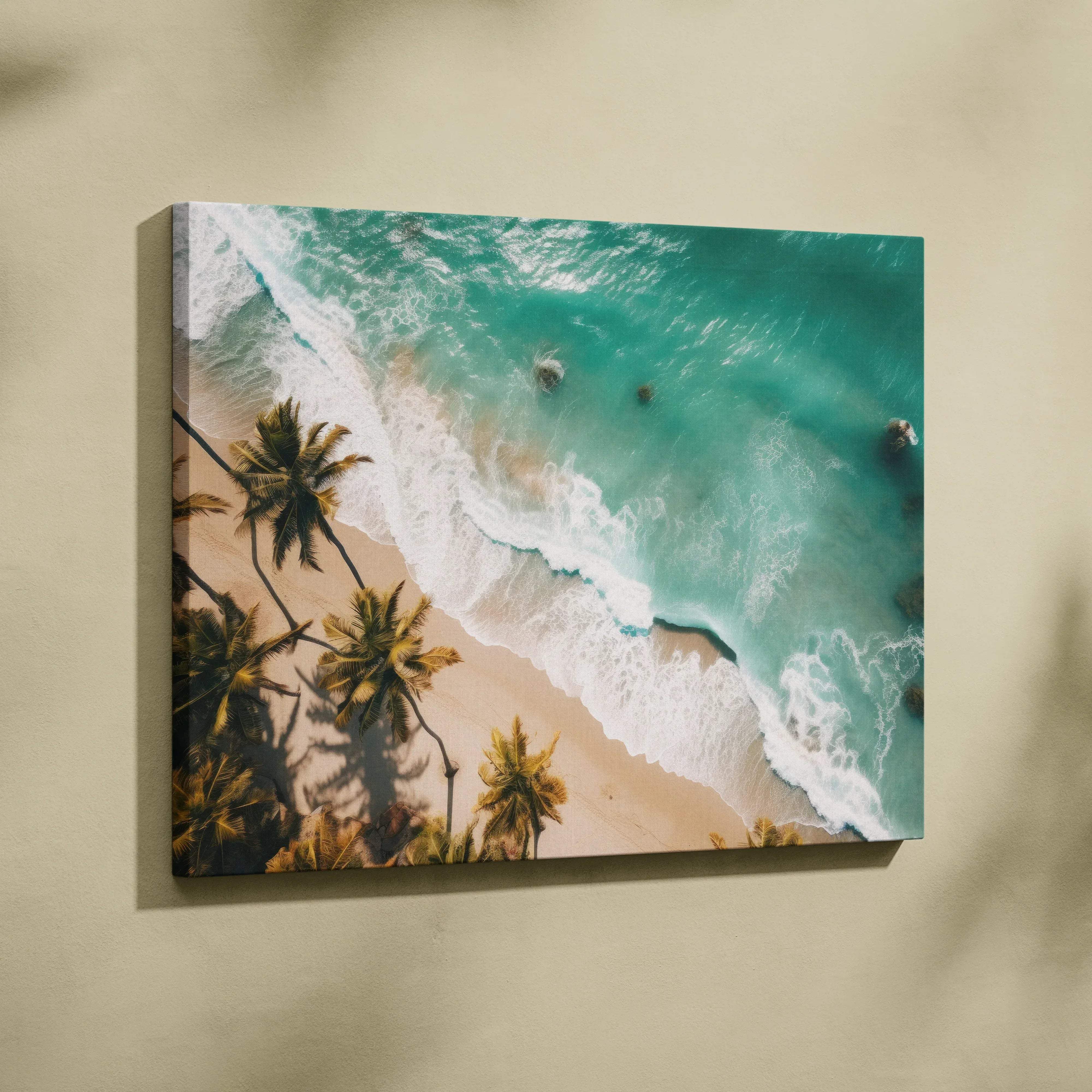 Aerial tropical beach seascape stretched canvas wall art with turquoise ocean waves over golden sand and palm trees