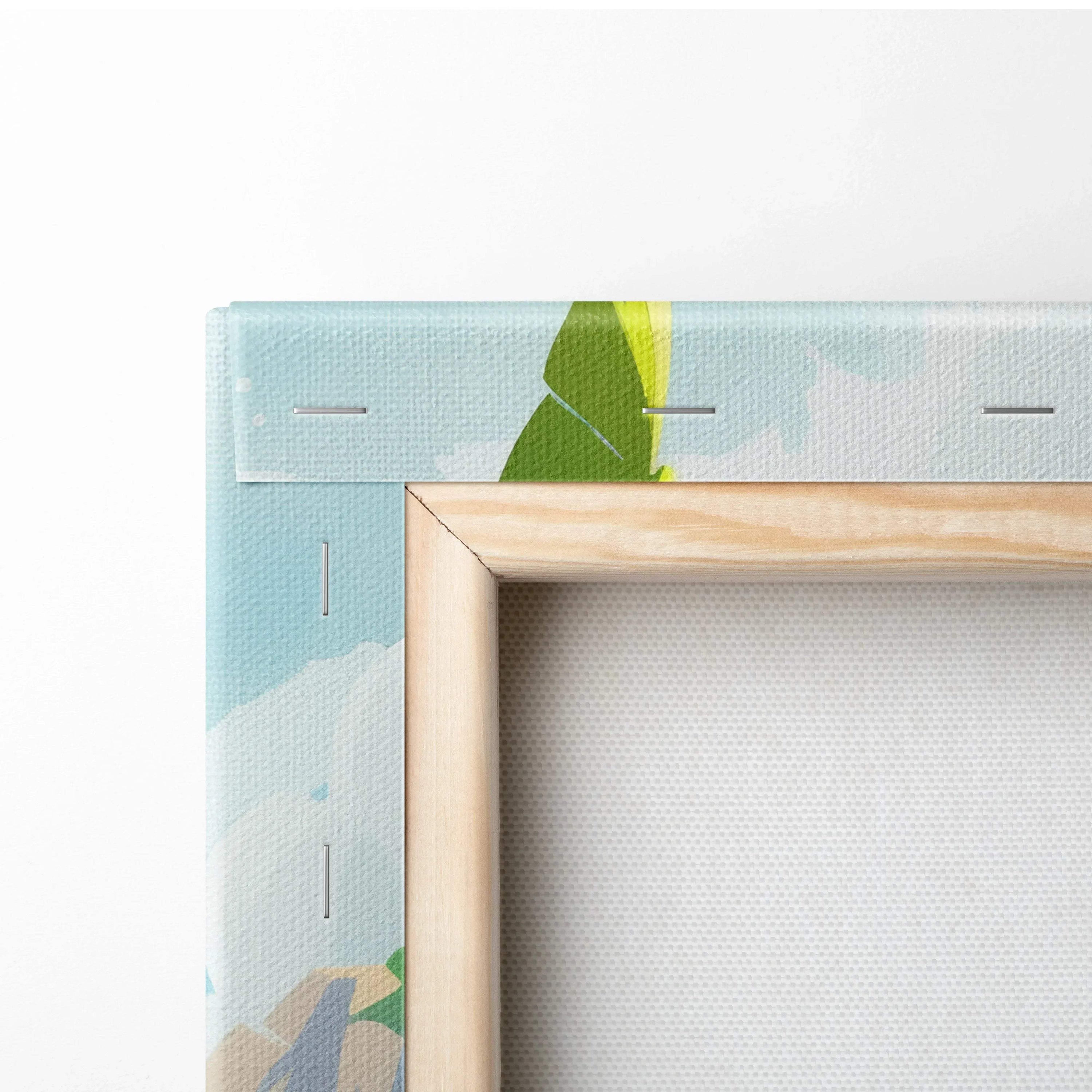 Corner detail of vibrant cartoon forest wall art canvas with wooden frame for home decor.