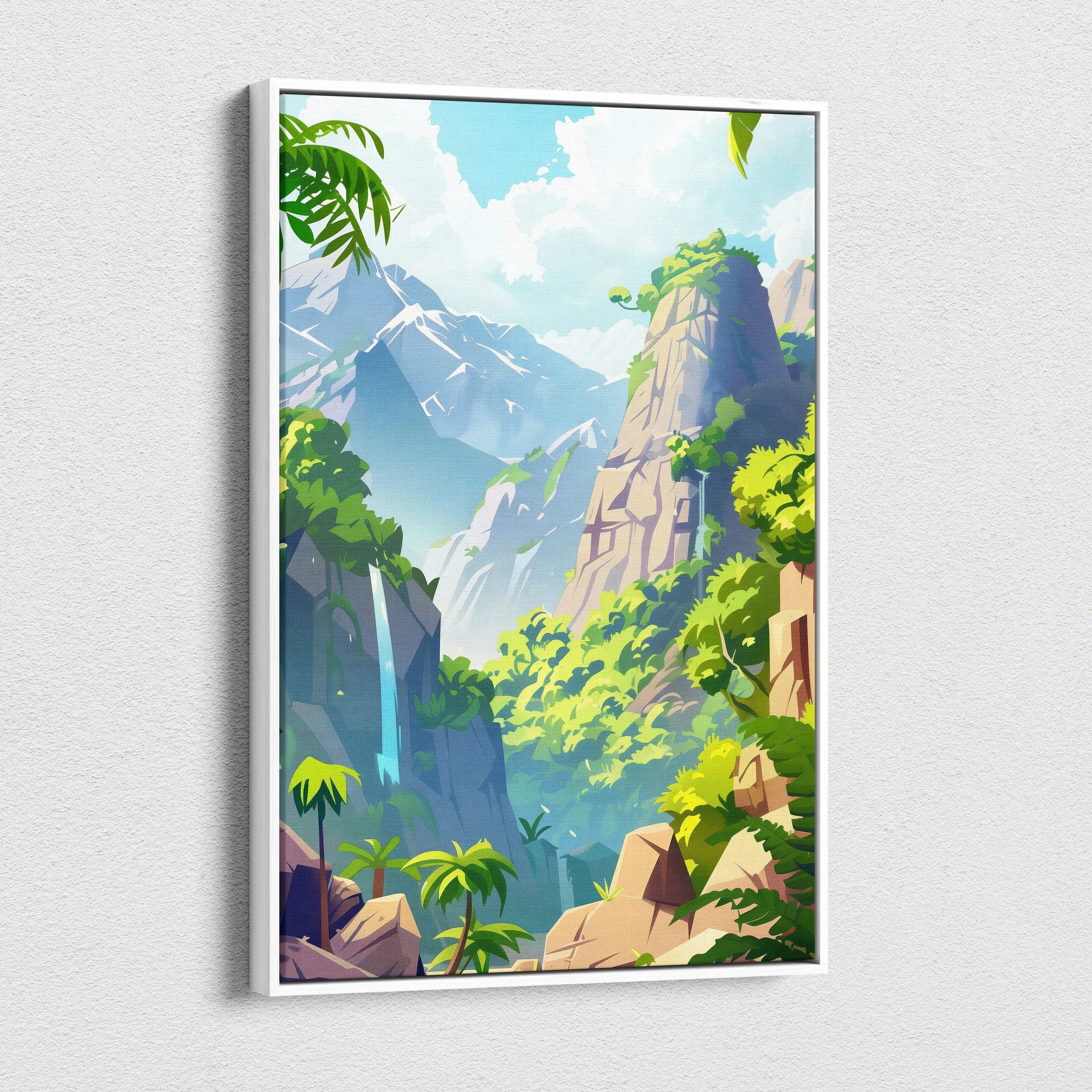Vibrant cartoon forest landscape canvas wall art with mountains, waterfall, and lush greenery decor.
