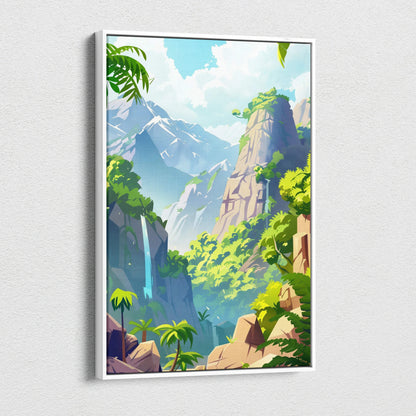 Vibrant cartoon forest landscape canvas wall art with mountains, waterfall, and lush greenery decor.