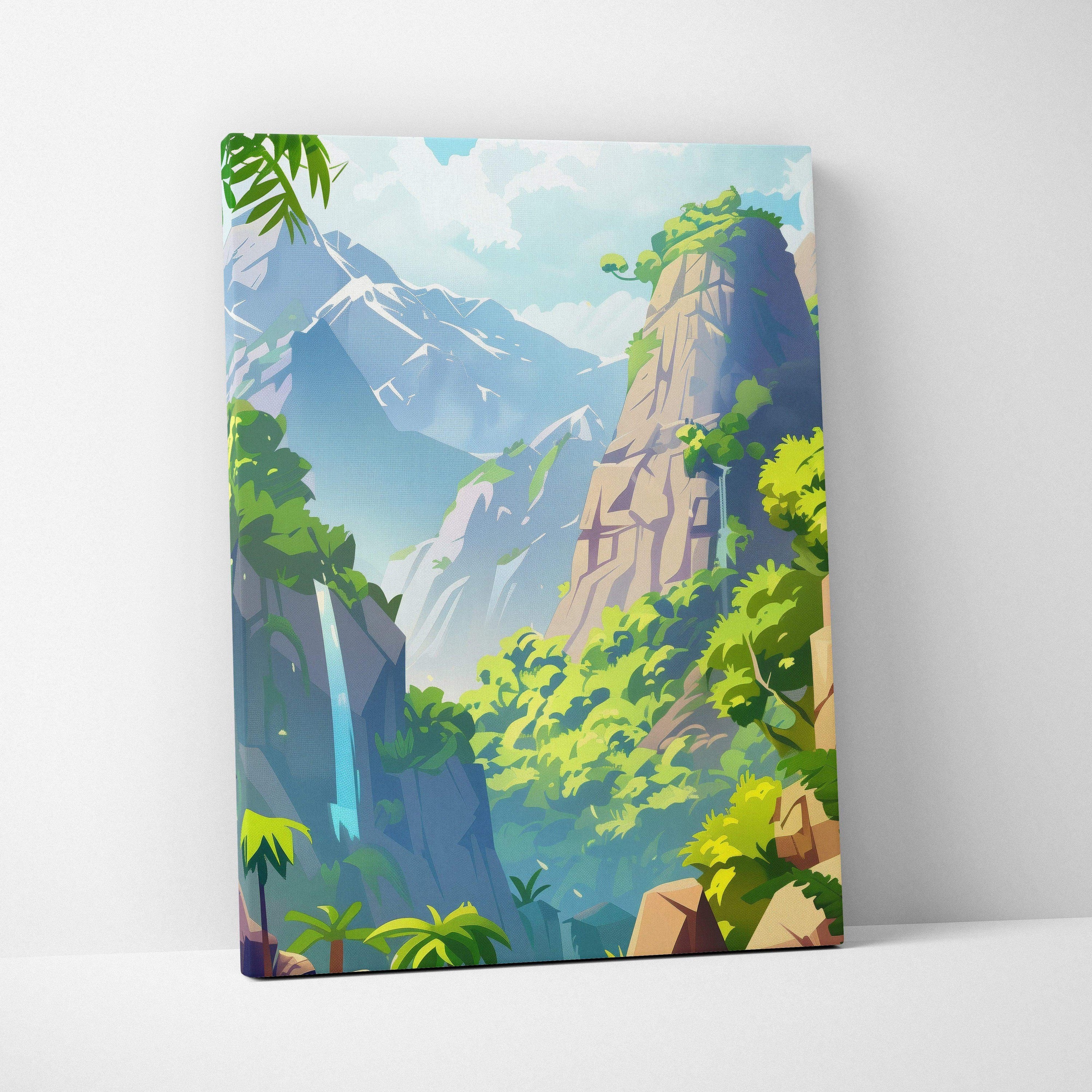Vibrant cartoon forest scene canvas wall art featuring mountains, waterfall, and lush greenery decor.