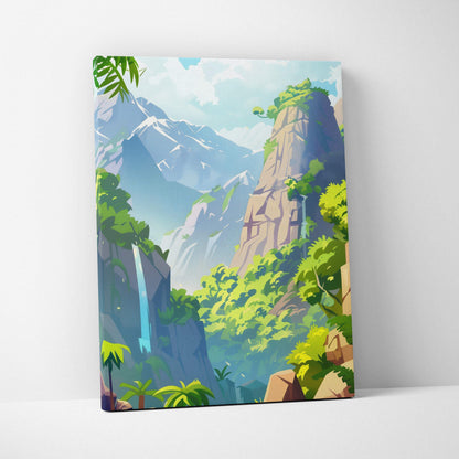 Vibrant cartoon forest scene canvas wall art featuring mountains, waterfall, and lush greenery decor.