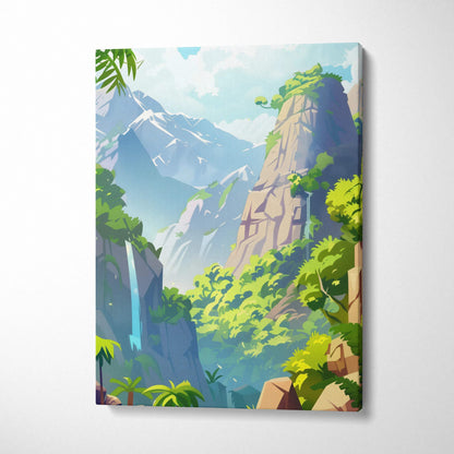 Vibrant cartoon forest canvas wall art with mountains, waterfall, and lush green foliage decor.