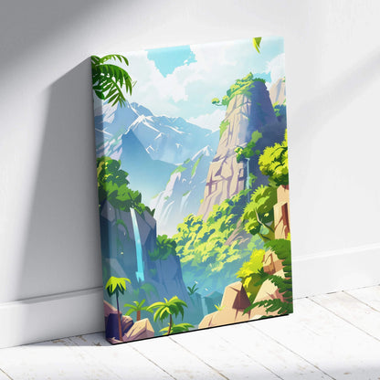 Vibrant cartoon forest scene with mountains and waterfall on colorful canvas wall art decor.