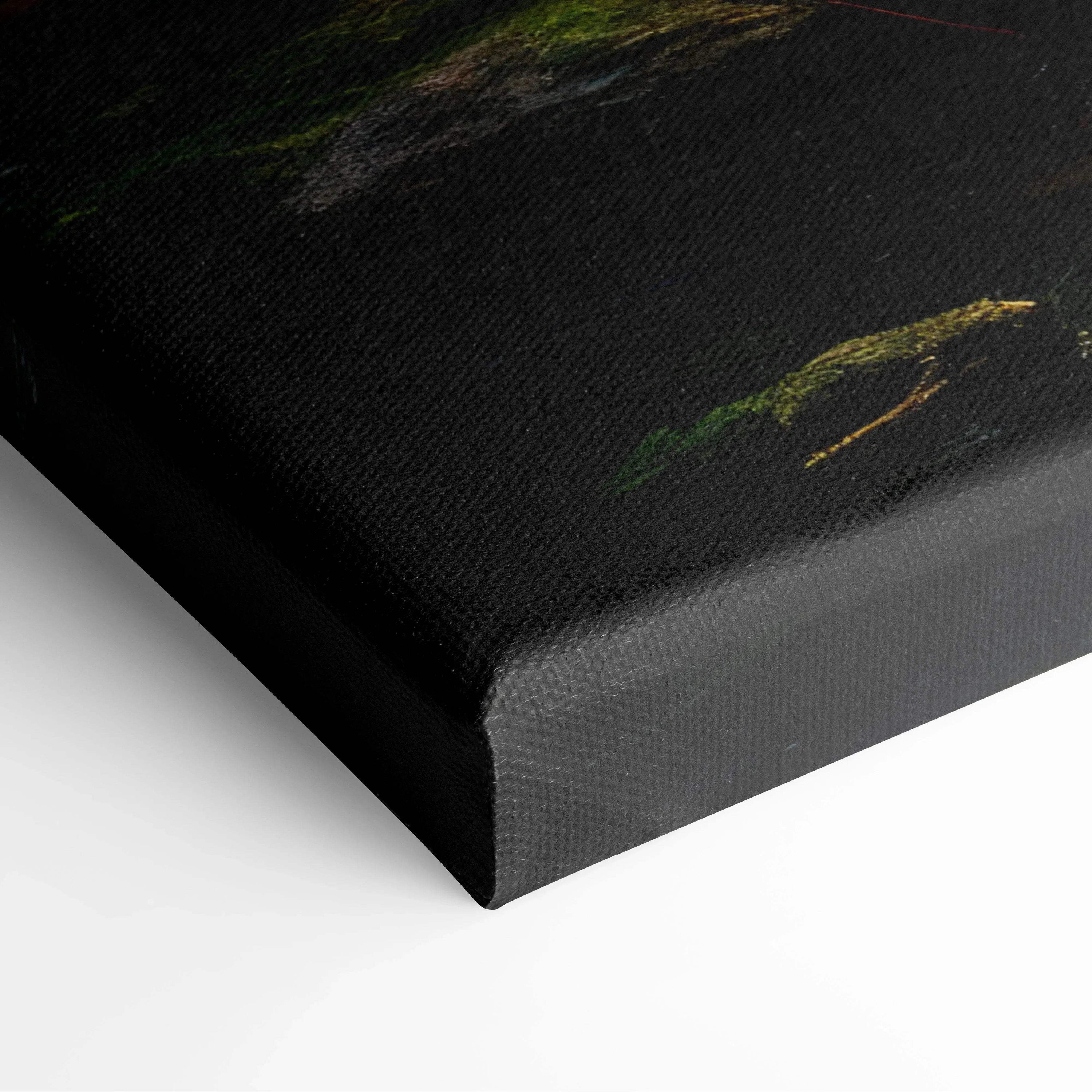 Close-up of black canvas wall art with textured surface and subtle green and yellow forest details.
