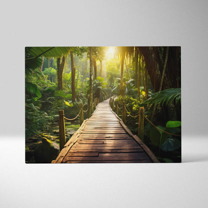 Canvas wall art featuring a serene forest landscape with a wooden path and lush green trees decor.