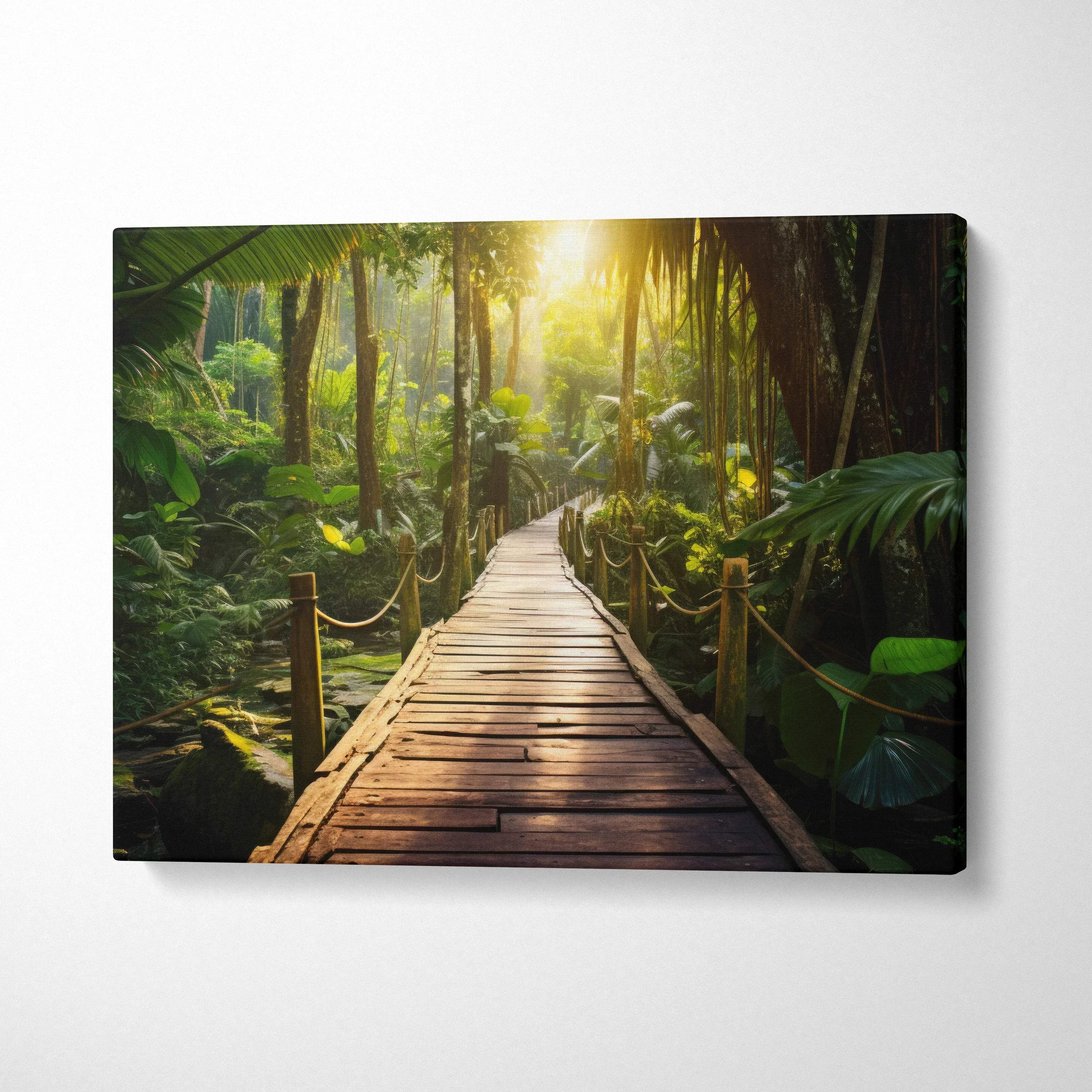 Serene forest landscape canvas wall art featuring wooden path and lush green trees with sunlight decor.
