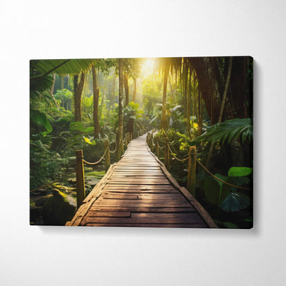 Serene forest landscape canvas wall art featuring wooden path and lush green trees with sunlight decor.